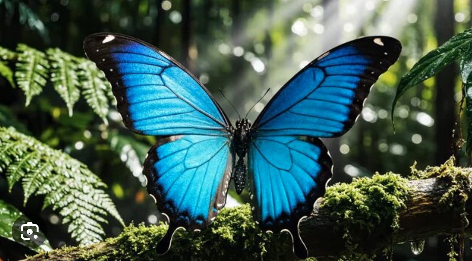 A Blue Morpho butterfly with wings open, resting on a moss-covered branch in the jungle