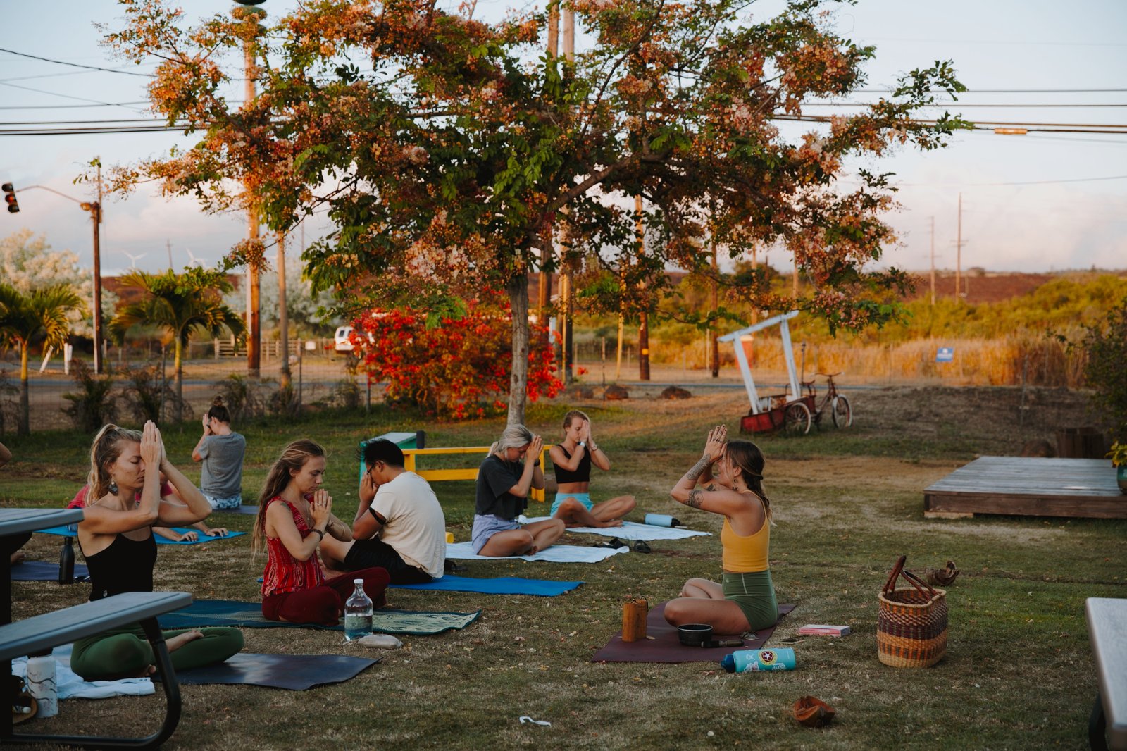 Cassidy leading an outdoor group yoga class at golden hour